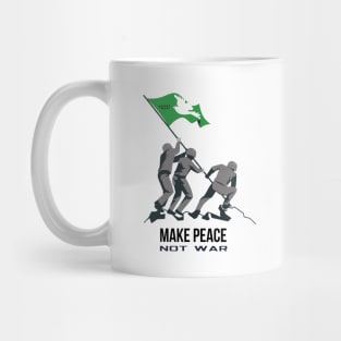 Make Peace Not War Three Soldiers Fitting White Pigeon with Green Flag On A Mountain Mug